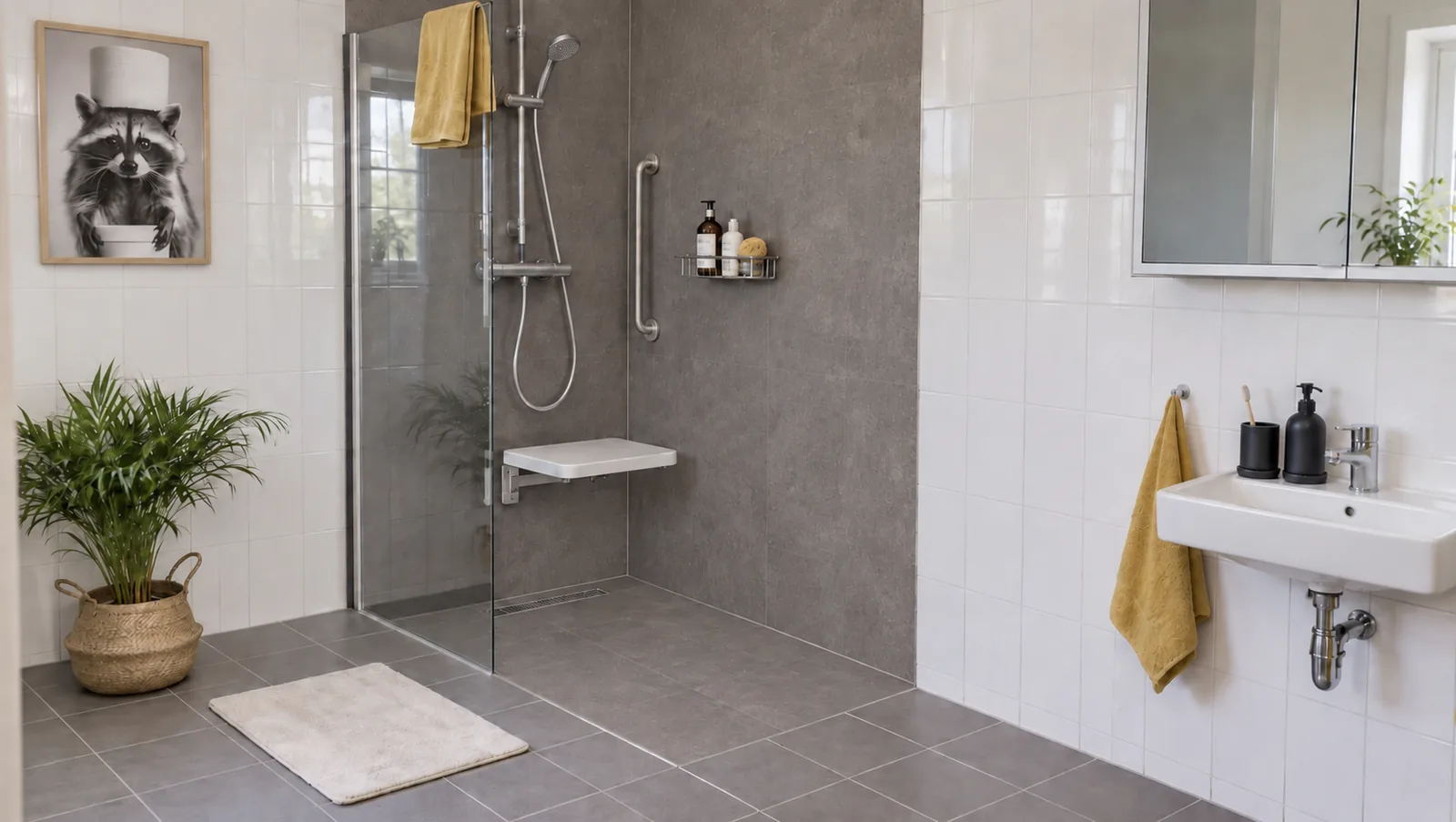 Beispiel einer grauen Dusche mit niedrigem Einstieg, Sitz und Haltegriff