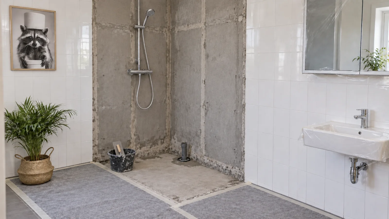 Tag 1: vorbereiteter Duschbereich mit abgedecktem eckigem Waschbecken und großem Spiegelschrank